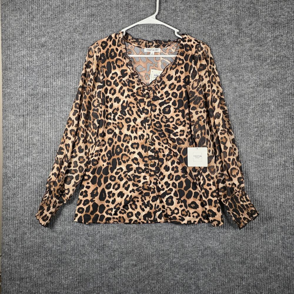 Perseption Concept Leopard Print Blouse Smocked Sleeve Button Top NWT Large